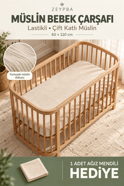 ZEYPBA Muslin Elastic Baby Bed Sheet 100% Cotton Soft Textured Crib Sheet Beige