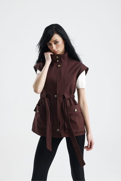 GACA COLLECTION Mari̇da Gabardine Fabric Pocketed Drawstring Waist Autumn Vest