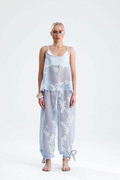 GACA COLLECTION Larimar Embroidered Sheer Blouse and Pants Set in Blue.