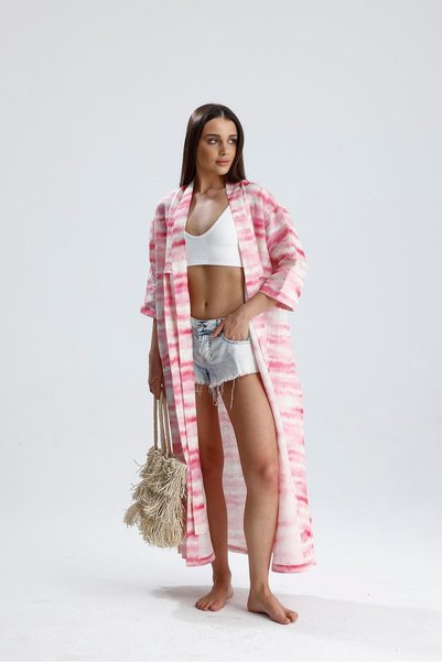 COLLECTİON SİERRA batik desenli önden bağlamalı keten uzun kimono