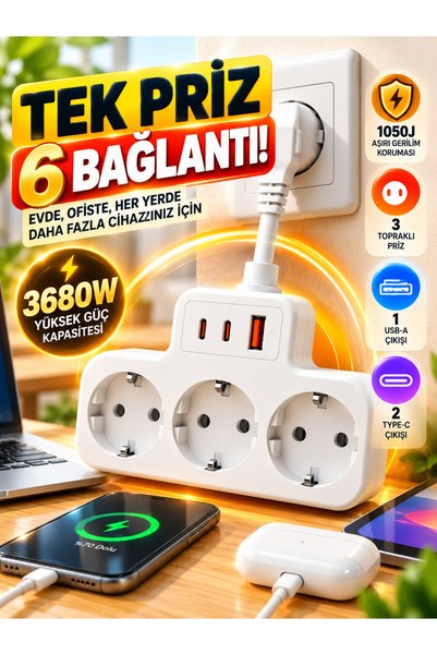 MATECHNO Çoklu Kablolu Priz Yüksek Gerilim Korumalı 3'LÜ Priz 1X USB 2X Type-...