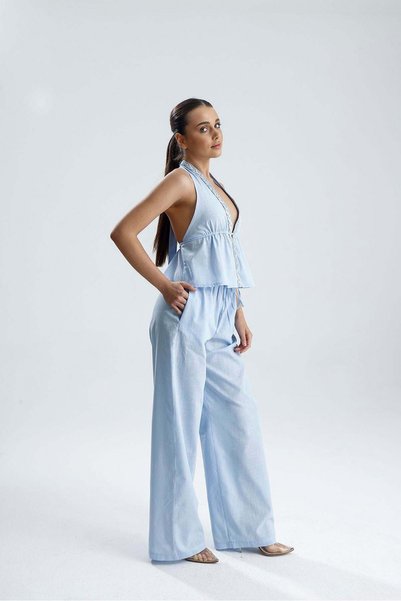 COLLECTİON Lena Collar Embroidery Detail Double Linen Summer Suit