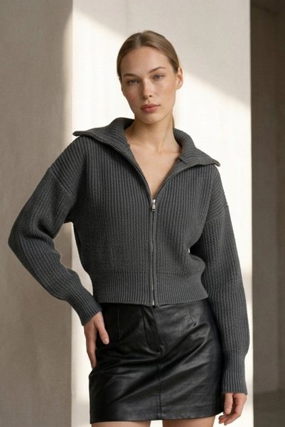 DIANNA Women's Crop Length Zipper Collar Cardigan Ribbed Textured Casual Knit...