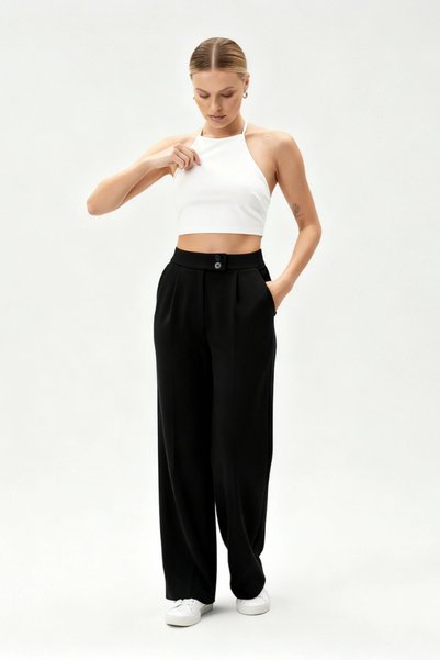 DIANNA Stretch Fabric Double Button Flexible Black Palazzo Pants