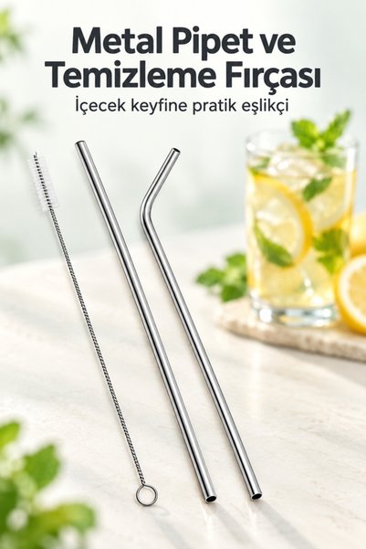 mucit home 2 Li Paslanmaz Çelik Pipet + Temizleme Fırçası