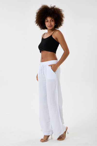 DIANNA Women's Elastic Waist Wide Leg Muslin Trousers %100 Cotton Wide Wide-L...