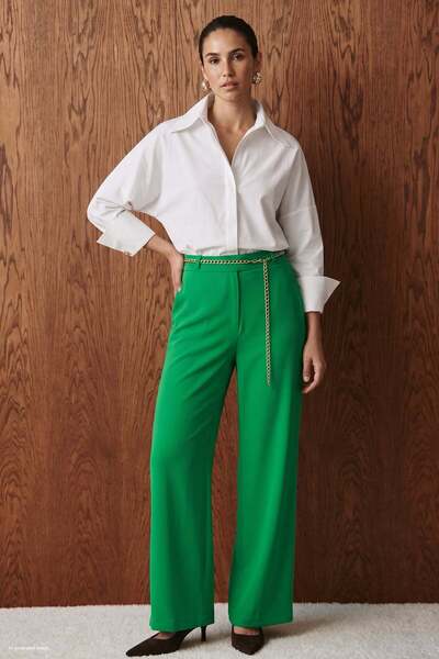 Sateen Zincirli Saten Krep Pantolon - Yeşil