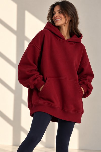 Genel Markalar VERAE - %100 Pamuk Extra Oversize Unisex Kapüşonlu Bordo Sweat...