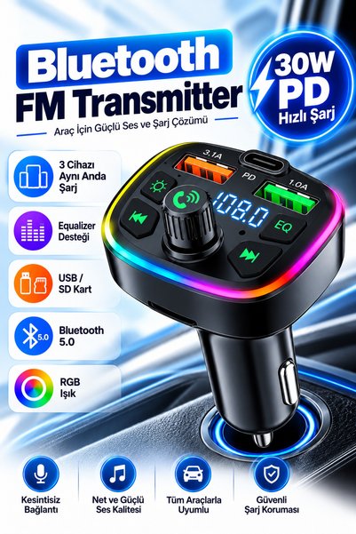 KALİTESENİNLE Bluetooth Araç Çakmaklık FM Transmitter | 48W PD Hızlı Şarj | H...