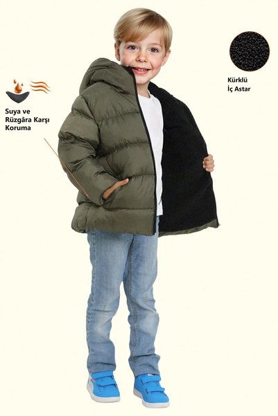 Freemen Boy's Khaki Fleece Fur Hooded Waterproof Wind Resistant Pocket Puffer...