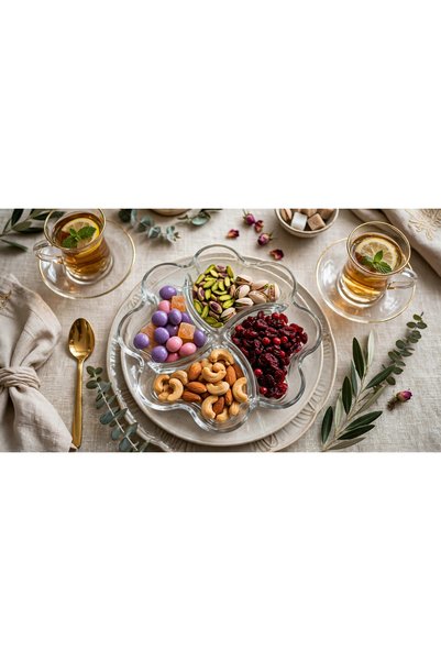 KAVEH Flower 4 Bölmeli Cam Çerezlik - Çiçek Şeklinde Kahvaltılık Sunum Tabağı 650 cc