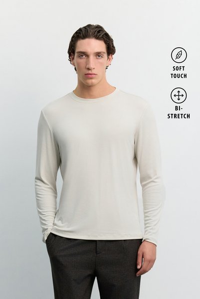 Avva Men's Beige Crew Neck Long Sleeve Basic Modal Regular Fit T-Shirt A62Y1032