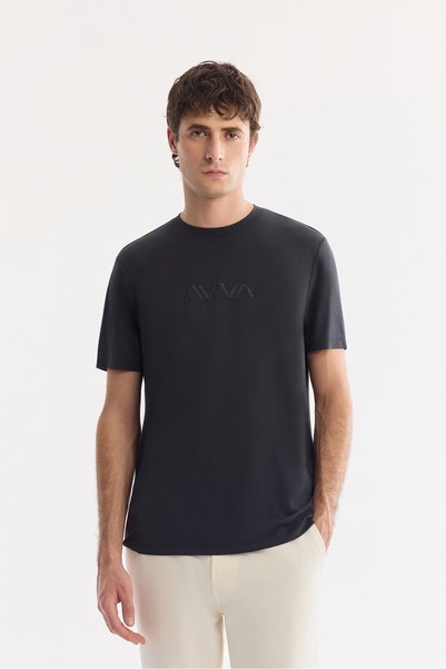 Avva Erkek Siyah Bisiklet Yaka Enjeksiyon Baskılı Cupra Süprem T-Shirt A61Y1140