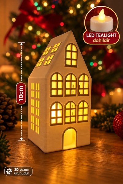 Filkorium3D Yılbaşı Kış Evi - Yılbaşı Tealight Mumluk Evi - Yılbaşı Led Mum Evi - Hediyelik Yılbaşı Evİ-10 CM