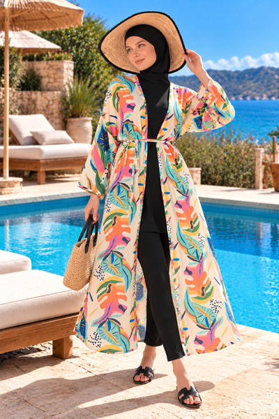 medipek Tesettür Mayo üzerine Desenli Pareo Kimono Kaftan