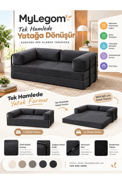 Mygusi MyLegom 80x160 Yataklı Kanepe Fitilli Kadife Dinlenme Koltuğu, Yıkanab...