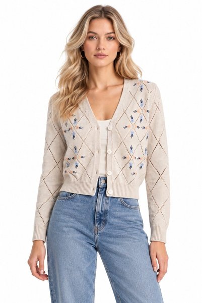 Saade Beige V-Neck Floral Embroidered Knitwear Cardigan