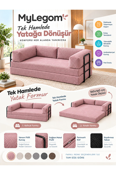 Mygusi MyLegom 80x160 Yataklı Kanepe Fitilli Kadife Dinlenme Koltuğu, Yıkanab...