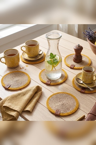 Homever Straw Coaster 6 Pieces 13cm - Mustard Striped Jute Rope Candle Coaste...