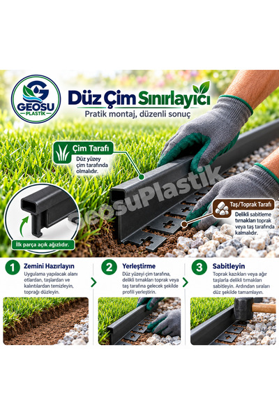 GEOSU TEKNİK YALITIM GEOSU SİYAH DÜZ PEYZAJ SINIRLAYICI 25 M(10x2,5 M)ÇİM/MIC...