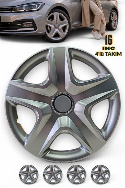 YONGA OTO AKSESUAR DACİA SANDERO STEPWAY Uyumlu 16 İnç Jant Kapağı 4'lü Set Gümüş + 4 Amblem + 8 Cırt Kelepçe