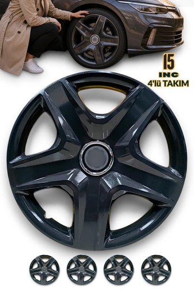 YONGA OTO AKSESUAR VOLKSWAGEN GOLF PASSAT POLO Uyumlu 15 İnç Jant Kapağı 4'lü Set Piano Black + 4 Amblem + 8 Cırt Kelepçe