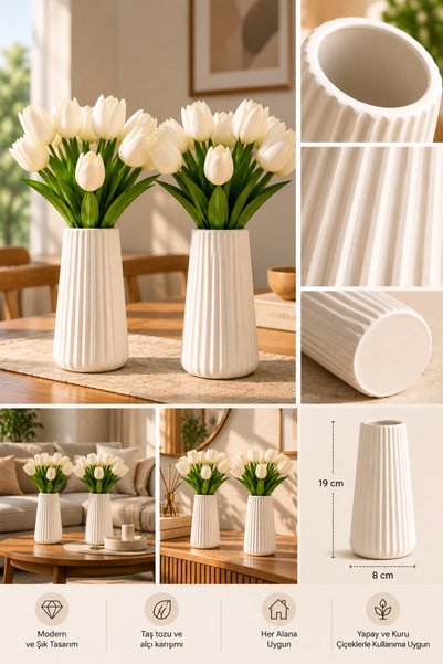 millonu 2'li Modern Dekorasyon İçin Şık Beyaz Çizgili Seramik Çiçek Vazo 19cm - Minimal ve Zarif Vazo Modeli