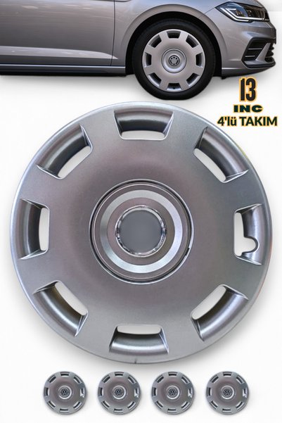YONGA OTO AKSESUAR SKODA FAVORİT Uyumlu 13 İnç Jant Kapağı 4'lü Set Gümüş + 4 Amblem + 8 Cırt Kelepçe