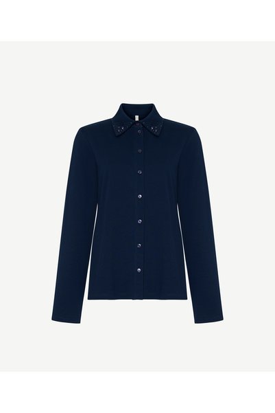 Yargıcı Taş Detaylı Gömlek Yaka Uzun Kol T-shirt