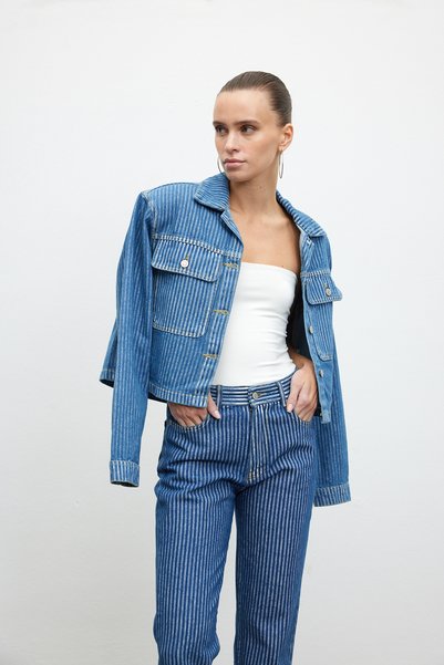 VATKALI Çizgili denim crop ceket