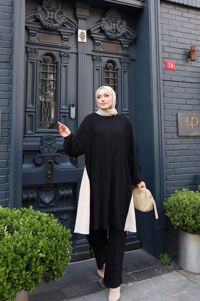 Berel Moda Tesettür İkili Takım Siyah Berra Tam Kloş Garnili Oversize Yarasa Kol