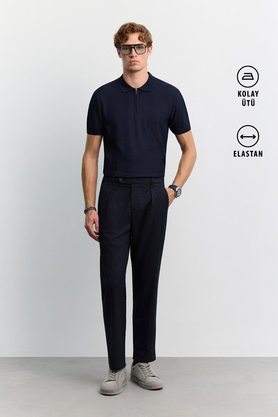 Avva Men's Navy Blue Elastic Waist Classic Easy-Iron Relaxed Fit Trousers A62...