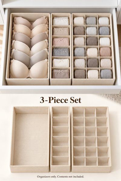 Grarey 3-Piece Polyester Fabric Drawer Organizer Set with PP Support, 18-Comp...