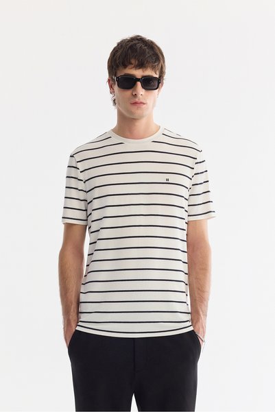 Avva Men's Ecru Crew Neck Striped Soft Touch Regular Fit T-Shirt A61Y1087