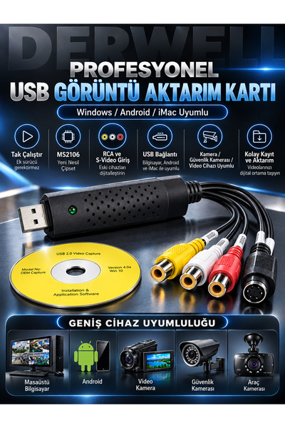 Derwell USB 2.0 AV Video Capture Card - Analog Görüntü ve Ses Dijital Dönüştü...