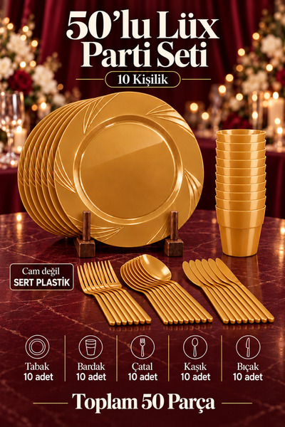 Ezu Home طقم أدوات مائدة فاخر من البلاستيك الصلب مكون من 50 قطعة لحفلات أعياد...