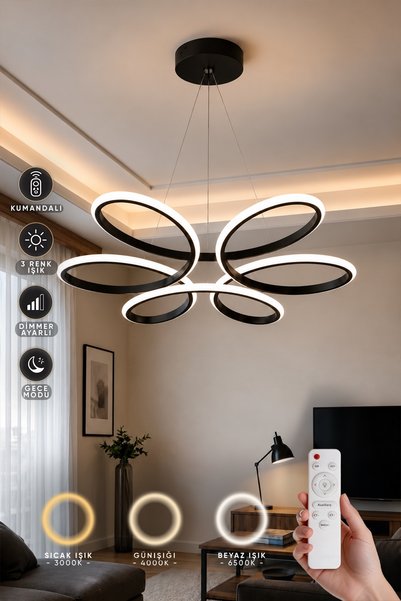 Elektroyou Lupin Siyah Sarkık Kumandalı 3 Renk Ledli Dimmerli Sarkıt Modern L...