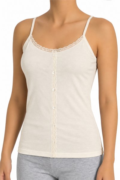 Öts Women's Single Cotton Undershirt with Fixed Buttons, Lace, Thin Straps, S...
