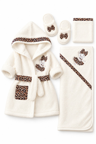 Mou&Kou White Baby Robe Set with Leopard Print and Hooded Design, Featuring a...