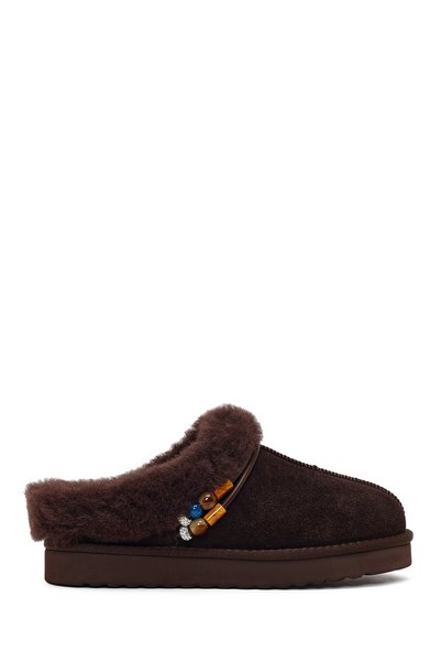 Derimod Women's Brown Stone-Embellished Suede Leather Teddy Slippers Wf530036Ds