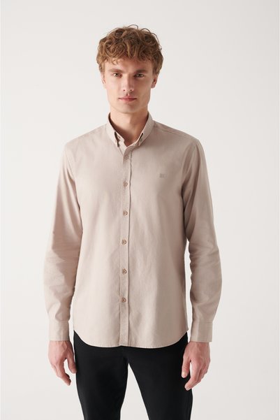 Avva Men's Beige Oxford 100% Cotton Button-Down Collar Regular Fit Shirt B002003