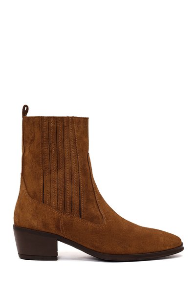 Derimod Women's Tan Short Thick-Heeled Suede Leather Chelsea Boots Af180022Ds