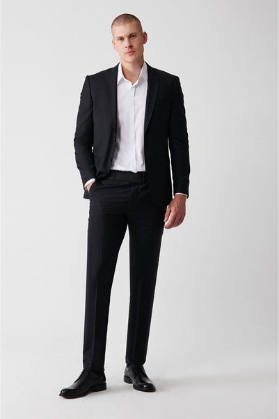 Avva Men's Black Swallow Collar Double Slit Wool Blend Comfort Slim Fit Suit ...