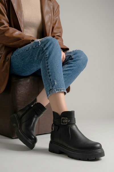 Zerenyus Zri̇n-3037 Premium Black Zippered Daily Women's Boots with Buckle Ac...