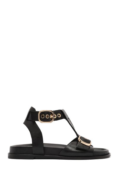 Derimod Schwarze Damen-Ledersandalen mit Knöchelriemen 25SFD550918