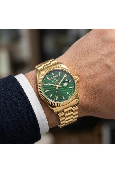 Platin Pierre GOLDEN-COLORED GREEN DIAL STEEL CASE MEN'S WATCH WITH CALENDAR