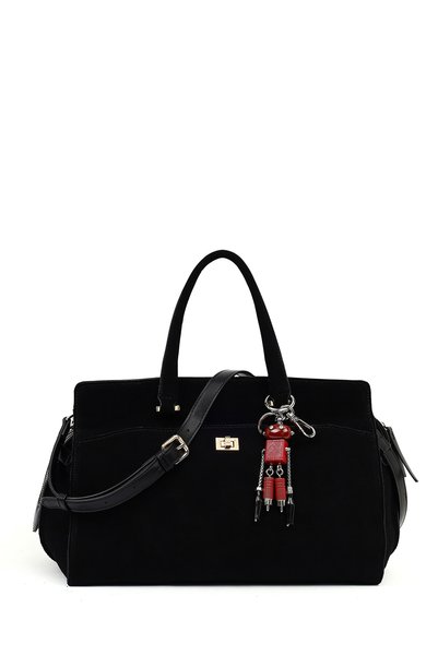 Derimod Women's Black Long Strap Suede Shoulder Bag with Accessories 25Wbd256010