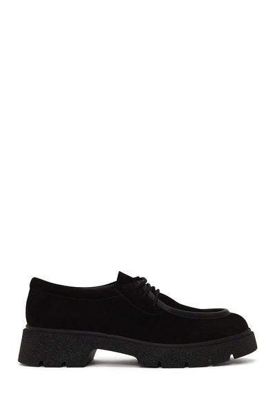 Derimod Women's Black Lace-Up Thick-Soled Suede Leather Casual Shoes Af200015Ds
