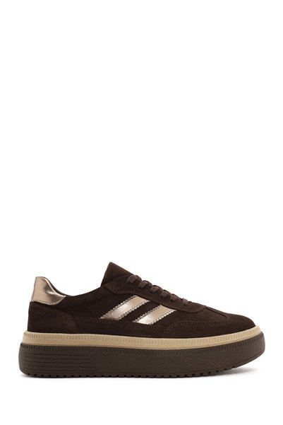 Derimod Women's Brown Lace-Up Thick-Soled Suede Leather Sneaker Af450008Ds