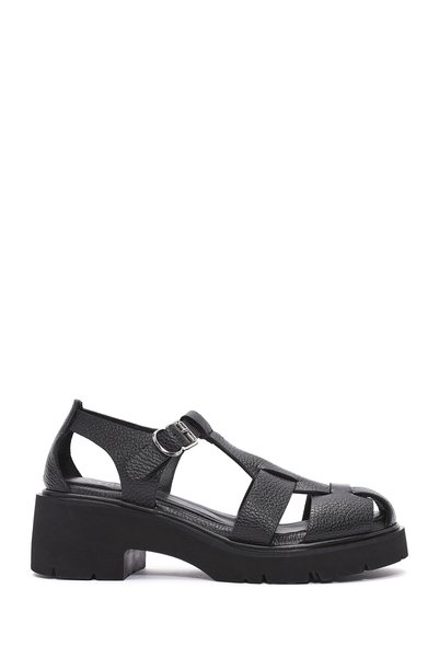 Derimod Schwarze Damenschuhe mit Knöchelriemen und dickem Absatz aus echtem L...
